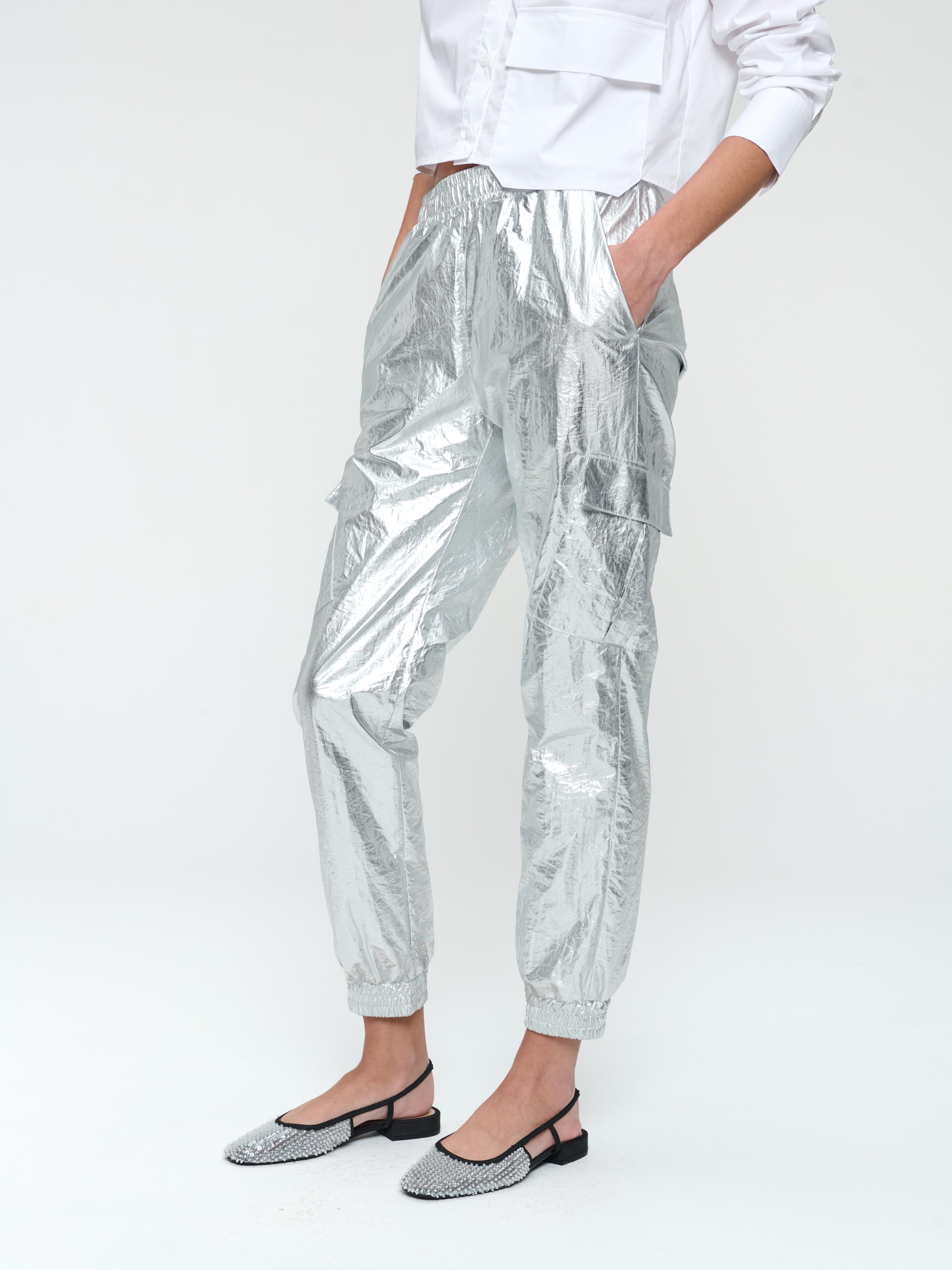 Cargo Pants Metallic Trousers Uk Alex Silver Shine Foil Pants Silver