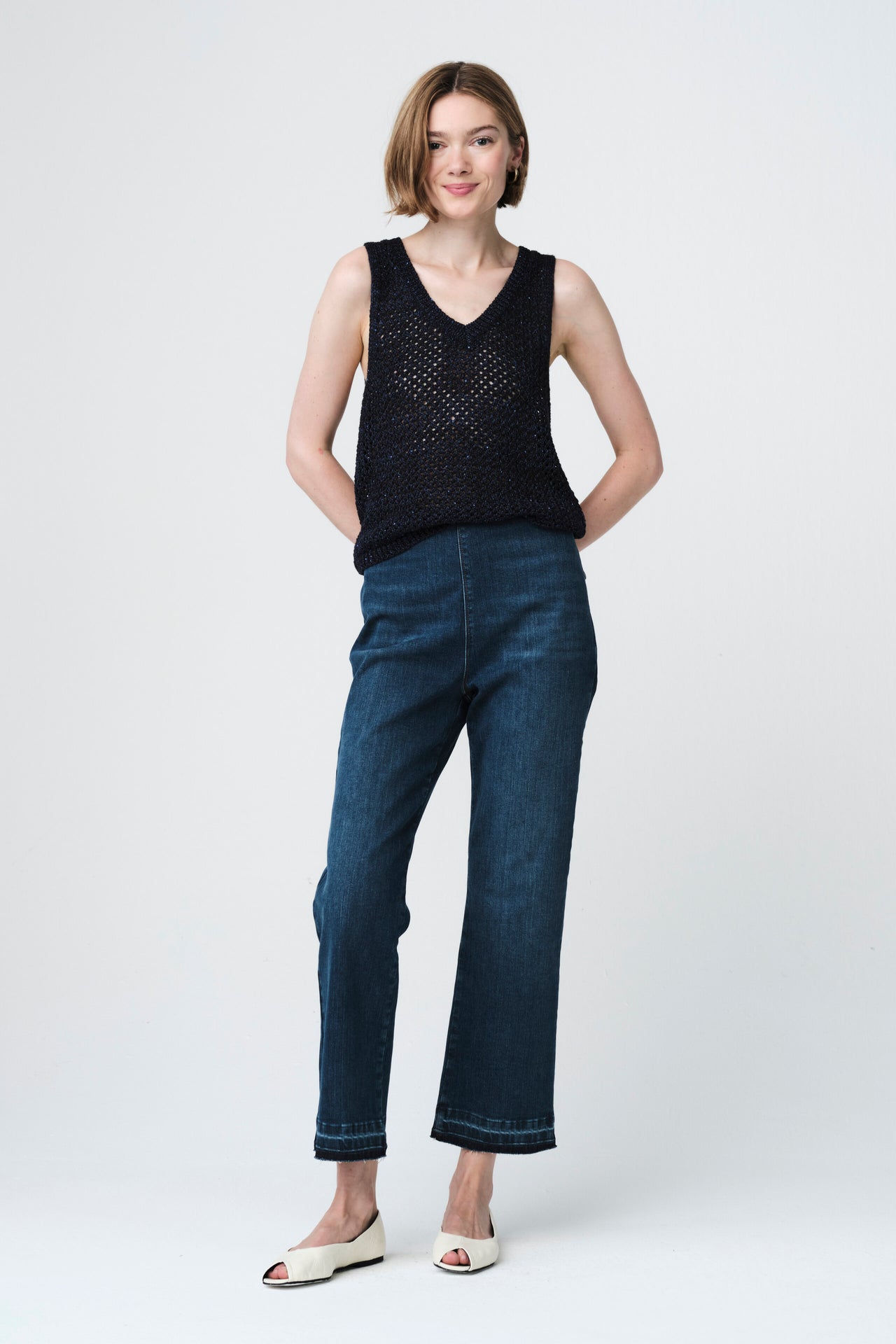 Openwork knit with sequins top 90841 | Blue Melange