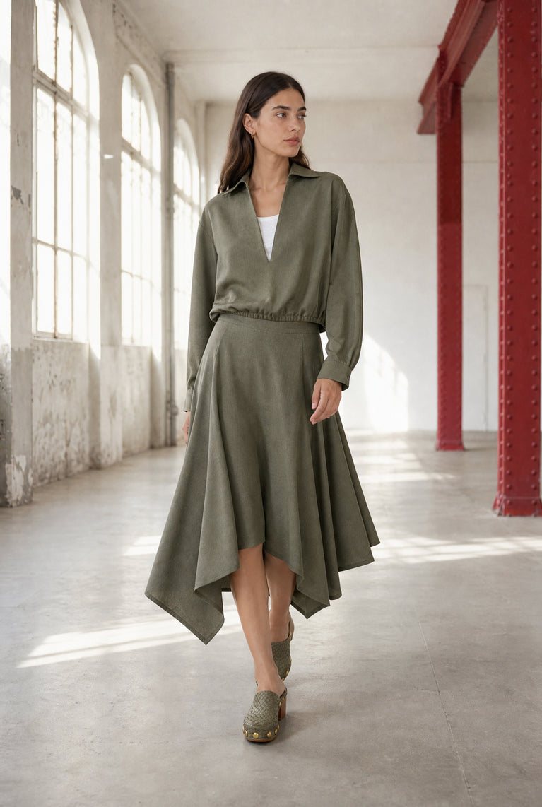 Marta asymmetrical viscose skirt | Green