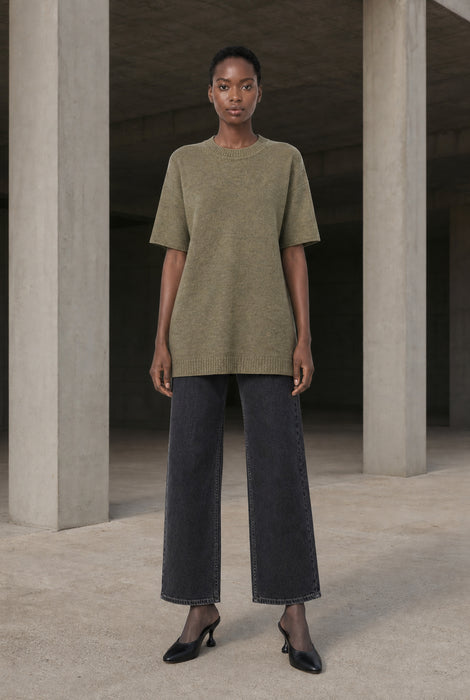 Rora plain knit long top | Green Melange
