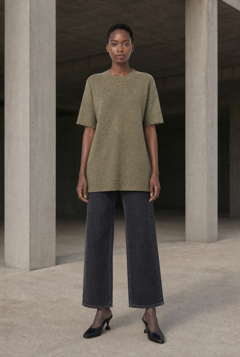 Rora plain knit long top | Green Melange
