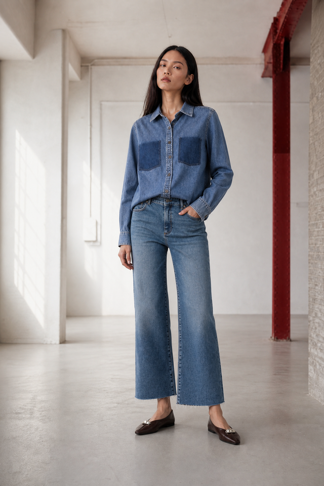 Western repair denim shirt | Flu Blue